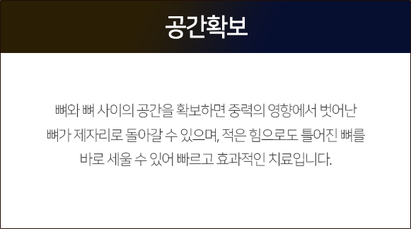 공간-확보-뼈와-뼈-사이의-공간을-확보하면-중력의-영향에서-벗어난-뼈가-제자리로-돌아갈-수-있으며-적은-힘으로도-틀어진-뼈를-바로-세울-수-있어-빠르고-효과적인-치료입니다