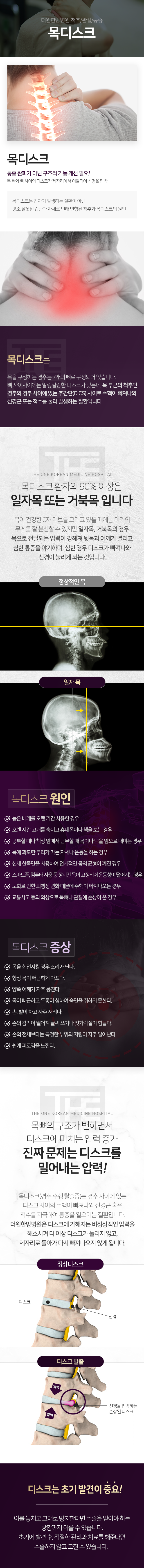 더원한방병원-척추/관절/통증-목디스크-목-디스크는-갑자기-발생하는-질환이-아닌-평소-잘못된-습관과-자세로-인해-변형된-척추가-목-디스크의-원인-목-디스크는-경추-사이에-있는-디스크-사이의-수핵이-빠져나와-신경근-혹은-척수를-자극하여-통증을-일으키는-질환입니다-더원한방병원은-디스크에-가해지는-비정상적인-압력을-해소시켜-더-이상-디스크가-눌리지-않고-제자리로-돌아가-다시-빠져나오지-않게-됩니다