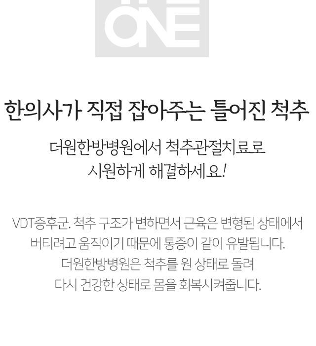 한의사가-직접-잡아주는-틀어진-척추-더원한방병원에서-척추-관절치료로-시원하게-해결하세요-VDT-증후군-척추-구조가-변하면서-근육은-변형된-상태에서-버티려고-움직이기-때문에-통증이-같이-유발됩니다-더원한방병원은-척추를-원-상태로-돌려-다시-건강한-상태로-몸을-회복시켜줍니다