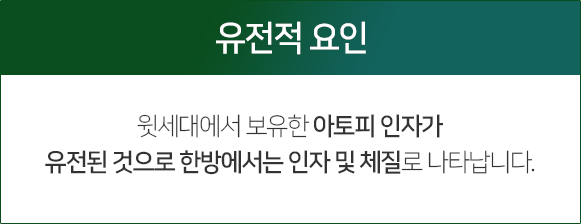 유전적 요인 윗세대에서 보유한 아토피 인자가 유전된 것으로 한방에서는 인자 및 체질로 나타납니다