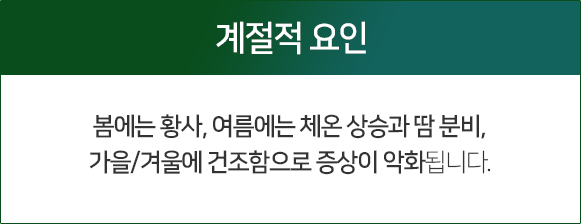 계절적-요인-봄에는-황사-여름에는-체온-상승과-땀-분비-가을/겨울에-건조함으로-증상이-악화됩니다