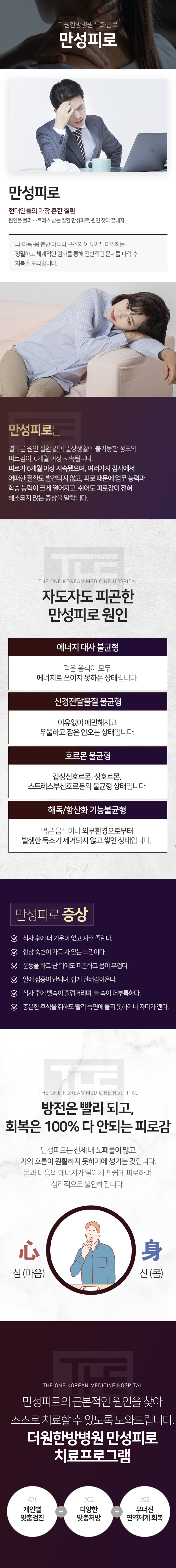 더원한방병원-특화진료-만성피로-현대인들의-가장-흔한-질환-별다른-원인-질환-없이-일상생활이-불가능한-정도의-피로감이-6개월-이상-지속됩니다-피로가-6개월-이상-지속됐으며-여러-가지-검사에서-어떠한-질환도-발견되지-않고-피로-때문에-업무-능력과-학습-능력이-크게-떨어지고-쉬어도-피로감이-전혀-해소되지-않는-증상을-말합니다-원인-에너지-대사-불균형-먹은-음식이-모두-에너지로-쓰이지-못하는-상태-신경전달물질-불균형-이유-없이-예민해지고-우울하고-잠은-안-오는-상태-호르몬-불균형-갑상선-호르몬-성호르몬-스트레스부신호르몬의-불균형-상태-해독/항산화-기능-불균형-먹은-음식이나-외부환경으로부터-발생한-독소가-제거되지-않고-쌓인-상태-만성피로는-신체-내-노폐물이-많고-기의-흐름이-원활하지-못하기에-생기는-것입니다-몸과-마음의-에너지가-떨어지면-쉽게-피로하며-심리적으로-불안해집니다-만성피로-치료-프로그램-개인별-맞춤검진-다양한-맞춤-처방-무너진-면역체계-회복